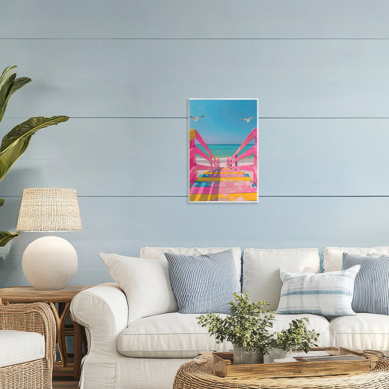 Plaque murale rétro avec escalier de plage rose, design par LSR Design Studio, H 15 po x l 10 po
