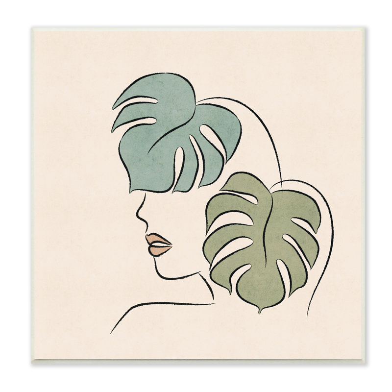 Abstrait, visage de femme, plante Monstera, feuille, griffonnage, art mural par JJ Design House LLC
