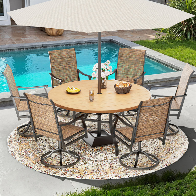 6 Person Round Outdoor Dining Set With Swivel Chair, 6, Brown/Brown