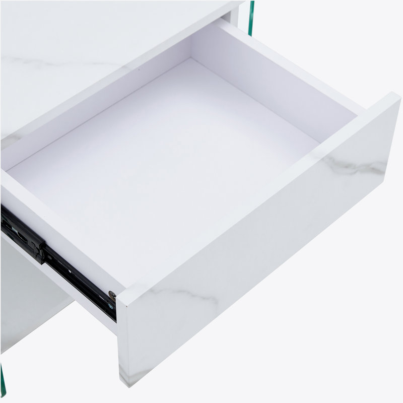 Bedside table with drawers.The board surface is MDF with white grain sticker,and both sides are tempered glass.The design is simple and elegant, with excellent storage functions.W1512P285061