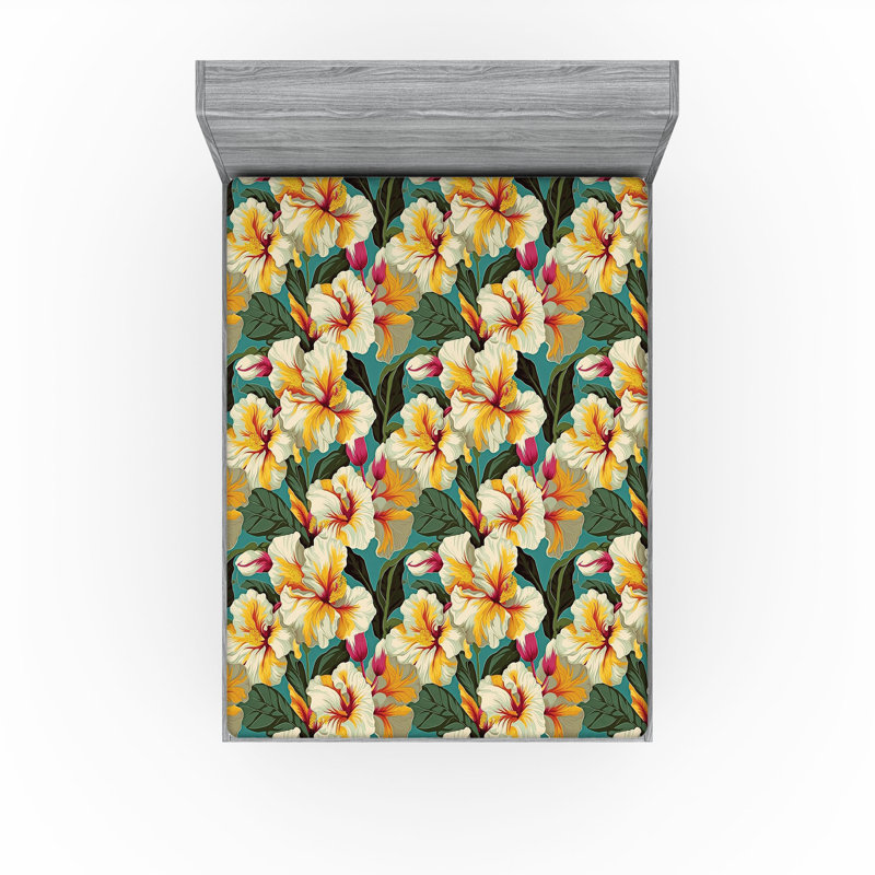 Drap-housse rustique Ambesonne, Drap-housse très grand californien, Abricot, rose foncé, bleu sarcelle / floral