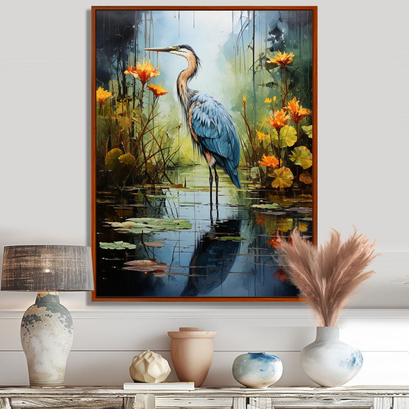 Décoration murale Lason Heron Silent Waters Pointillism I - Heron, H 20 po x l 12 po x P 1 po, Cadre flottant brun