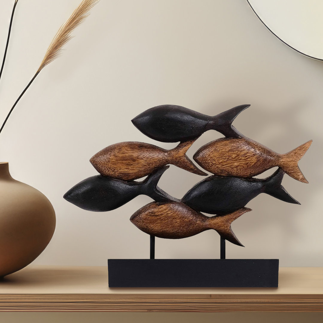 Macaulay School of Fish Sculpture Solid Acacia Wooden Sculpture 10 Inch Nature Sculpture Handmade Home Decor Rosecliff Heights