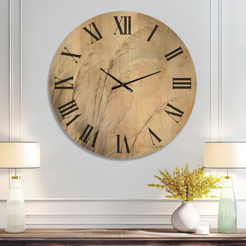 Plumes de roseaux balayées par le vent - Horloge murale ronde minimaliste, impression sur bois, Extra Large