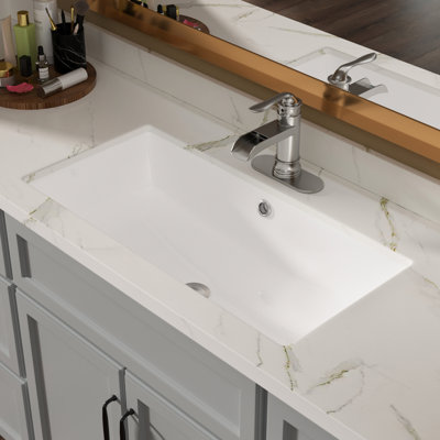 Ceramic Undermount Sink Bathroom 28"X14" - White, Overflow, Stain , Sleek For Home, Restaurant, Office Chic