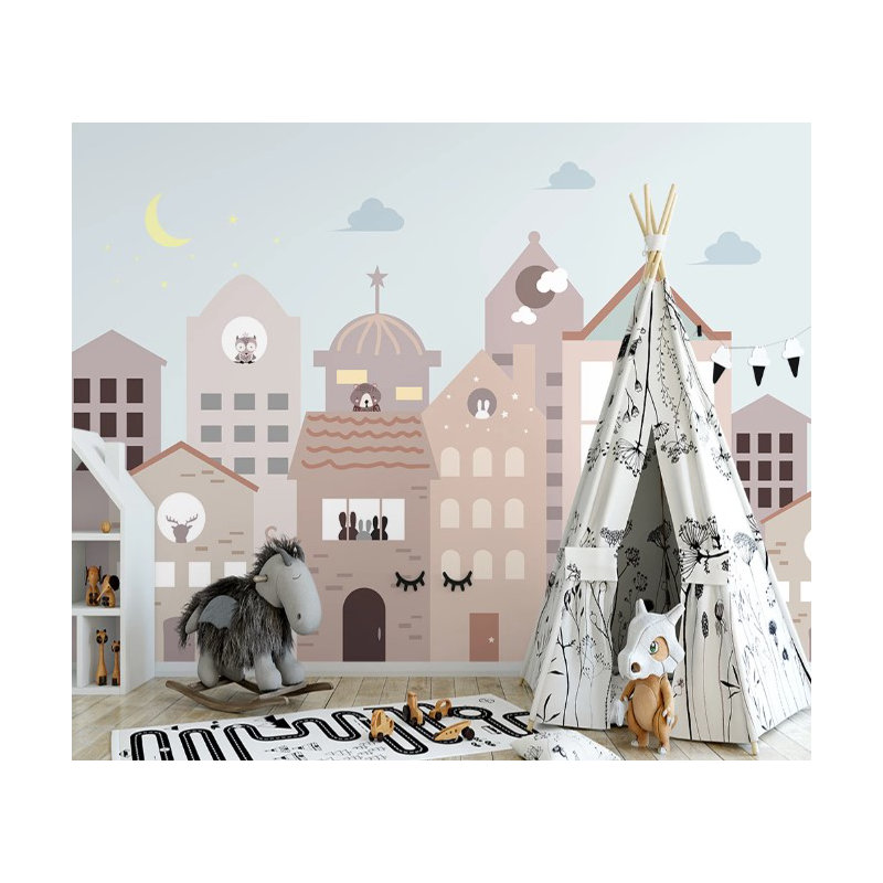 Papier peint de chambre d'enfant maisons ciel, L 75,96 po x l 114 po