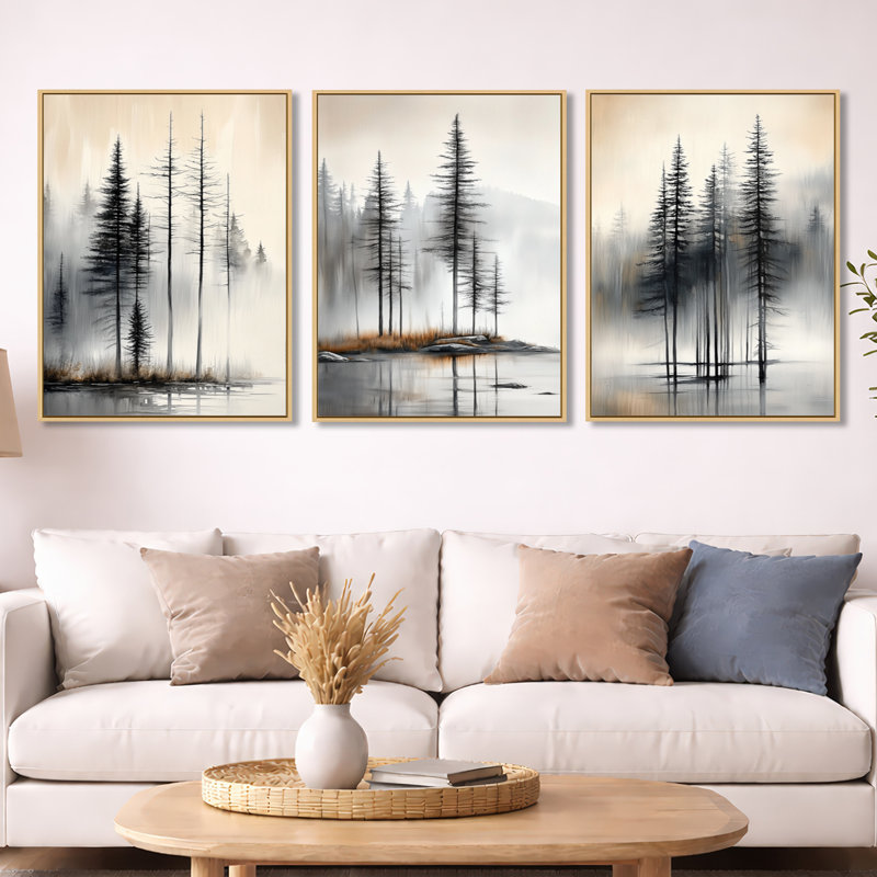 Décoration murale 3 pièces «Misty Summer Pines - Beige Pine», H 32 po x l 72 po, Cadre flottant en bois naturel