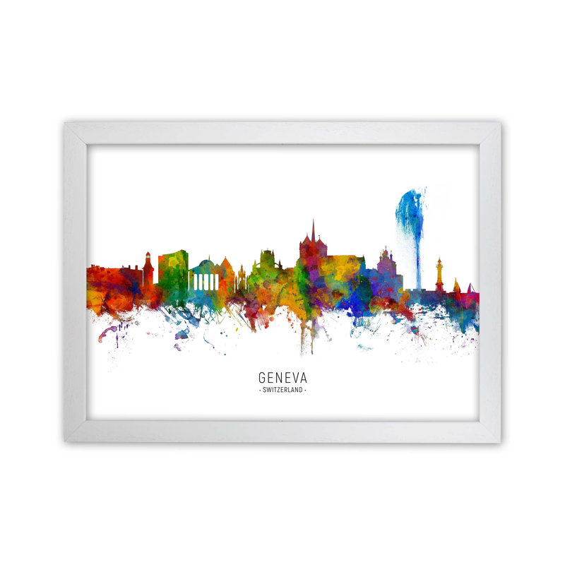 Geneva Switzerland Skyline by Michael Tompsett - Print, White Framed, 64cm H x 88cm W x 3cm D