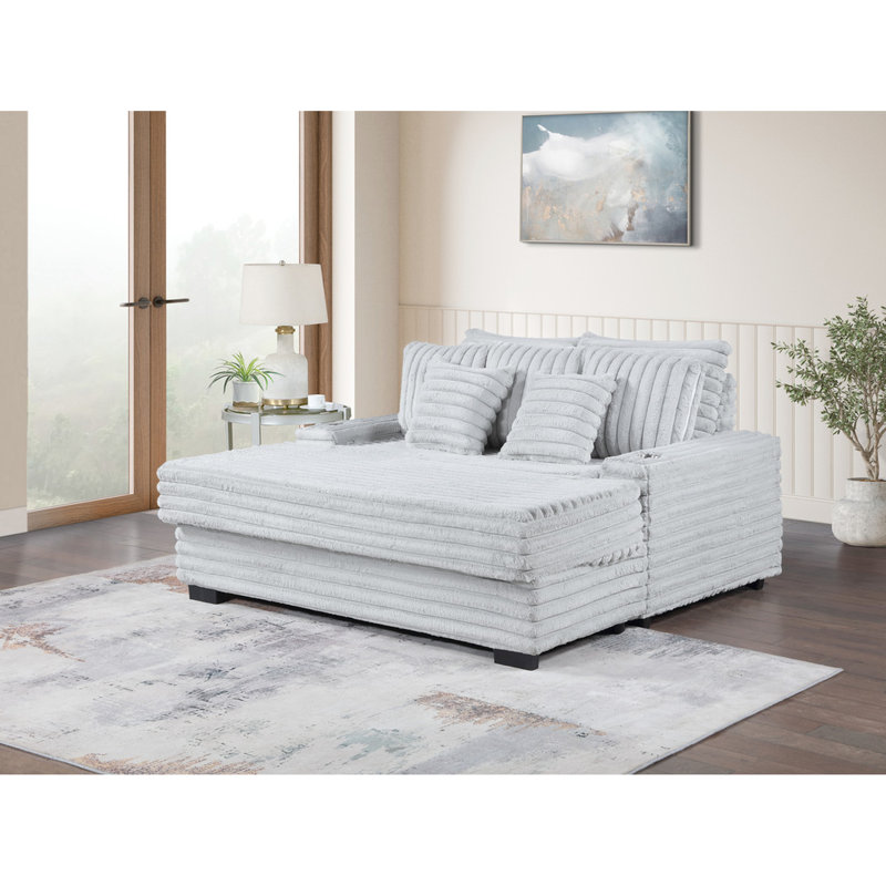 Chaise longue en velours côtelé gris, porte-gobelets, charge, hauteur du siège 19,5 po, pieds en plastique noir de 2 po, chaise longue de 49 po de largeur, A et C, largeur, profondeur de 38 po, 5 coussins décoratifs