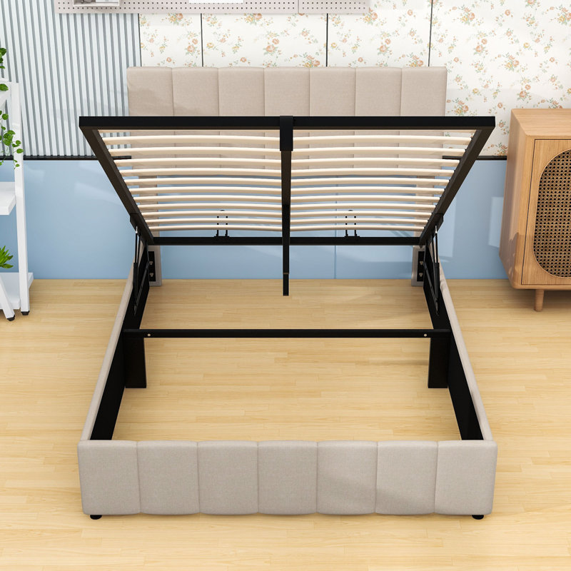 Lit plateforme tapissier avec rangement Alfie-Ray, Beige, Double