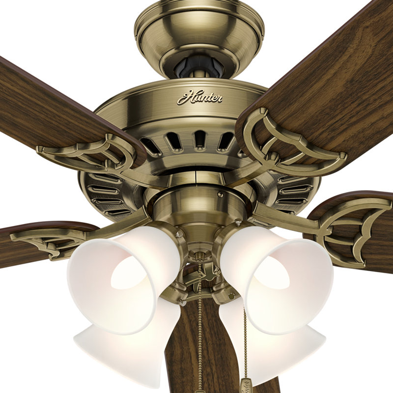 52" Inch Studio Series New Bronze Ceiling Fan With LED Light Kit And Pull Chain, Antique Brass with Walnut Blades