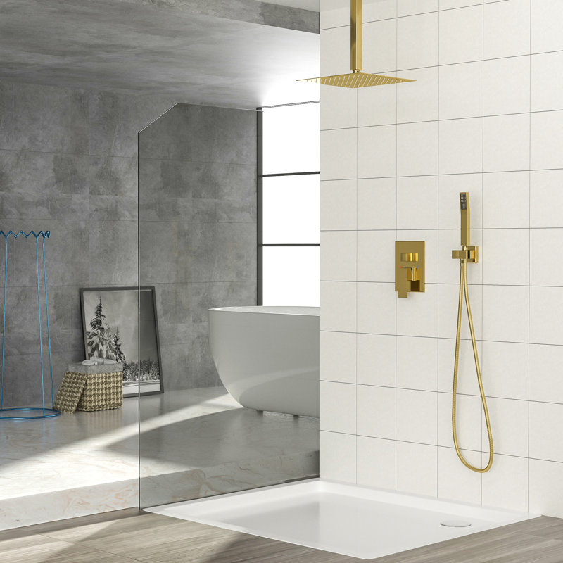 Ceiling Mounted Dual Shower Head, 16 Inch, Brushed Nickel Inch, Gold