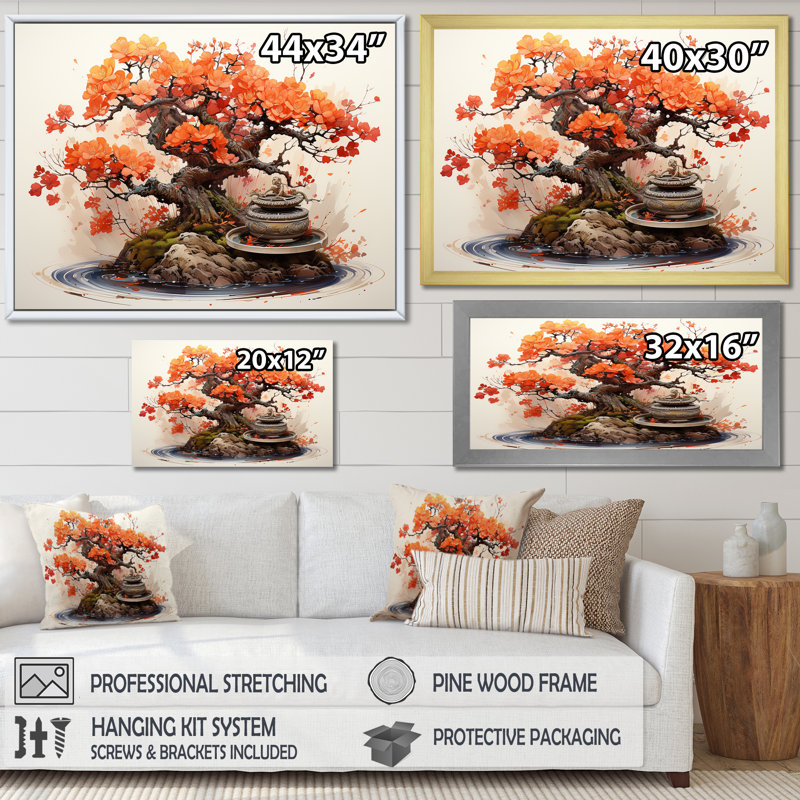 Autumnal Bonsai Charm II - Art mural arbre bonsaï, Cadre flottant blanc, H 12 po x l 20 po x P 1 po