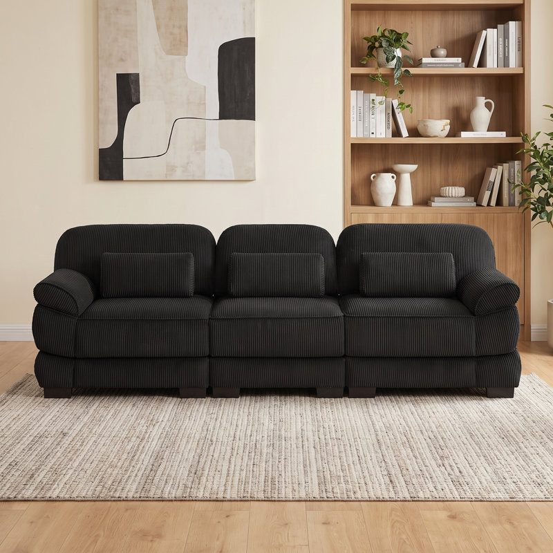 Canapé modulable 3 places, en velours côtelé avec coussins d'assise pour salon, appartement, Noir
