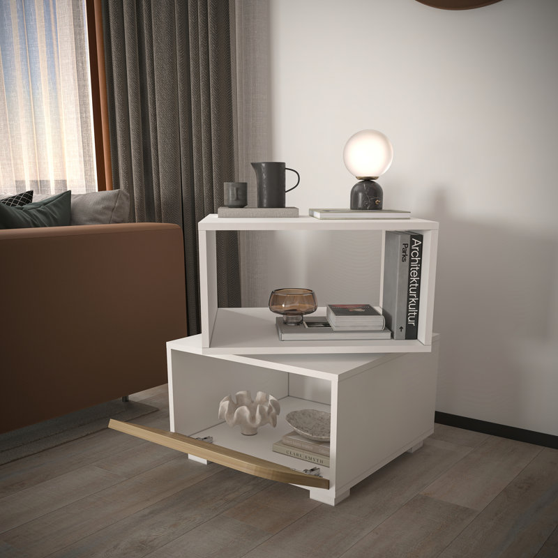 End Table, White Body / Oak Door