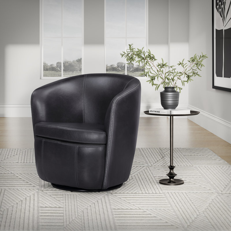 Fauteuil demi-tonneau pivotant 100% cuir italien Crandell, Onyx rétro