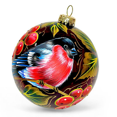 Collectible Hand-painted Glass Ornament – Bullfinch On Rowan Tree | Lilyian 360° Holiday Design