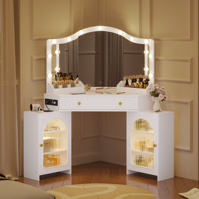 Bureau de coin avec miroir lumineux à DEL et prise de courant, table de maquillage avec ampoules, grand tiroir et 2 armoires de rangement