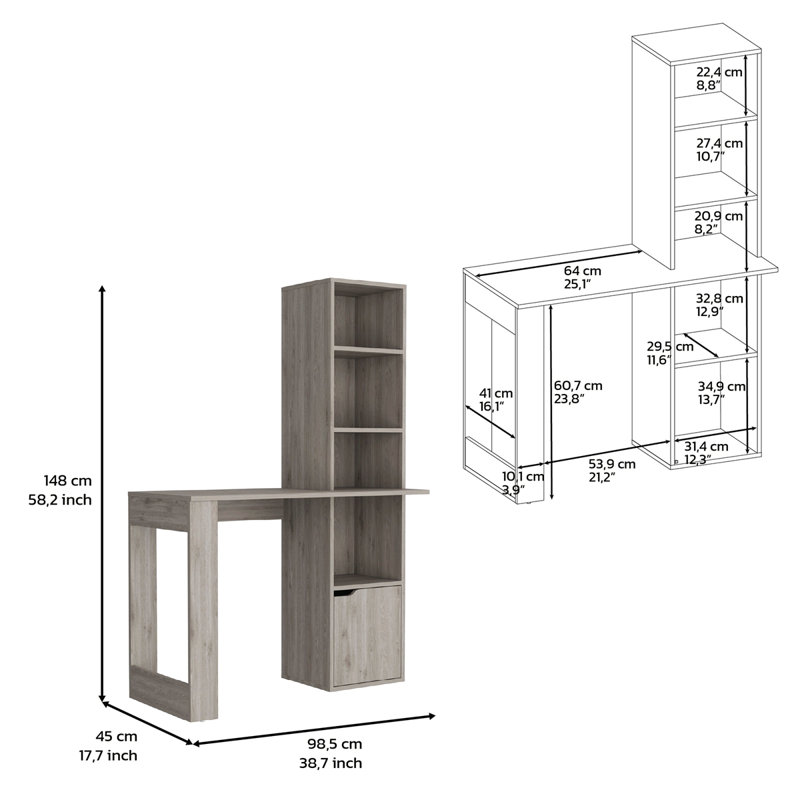 Bureau d'écriture avec armoire de rangement et bibliothèque, Gris