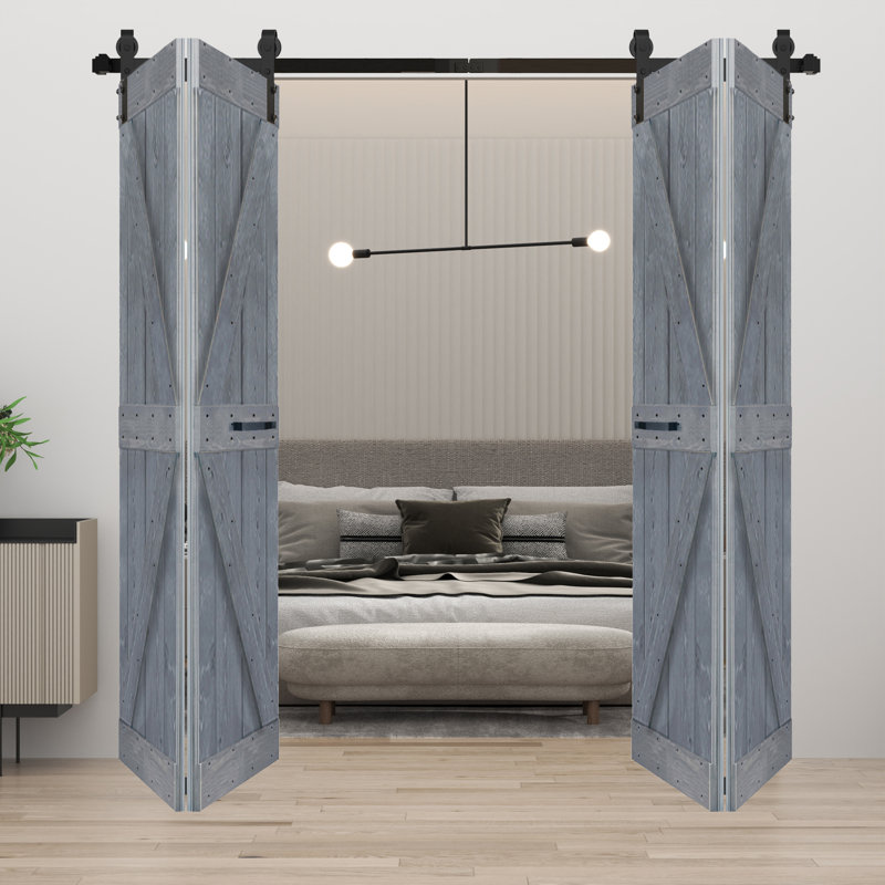 Porte de grange double pliante en bois massif de style K avec ensemble de quincaillerie - Assemblage requis, 60 po x 84 po