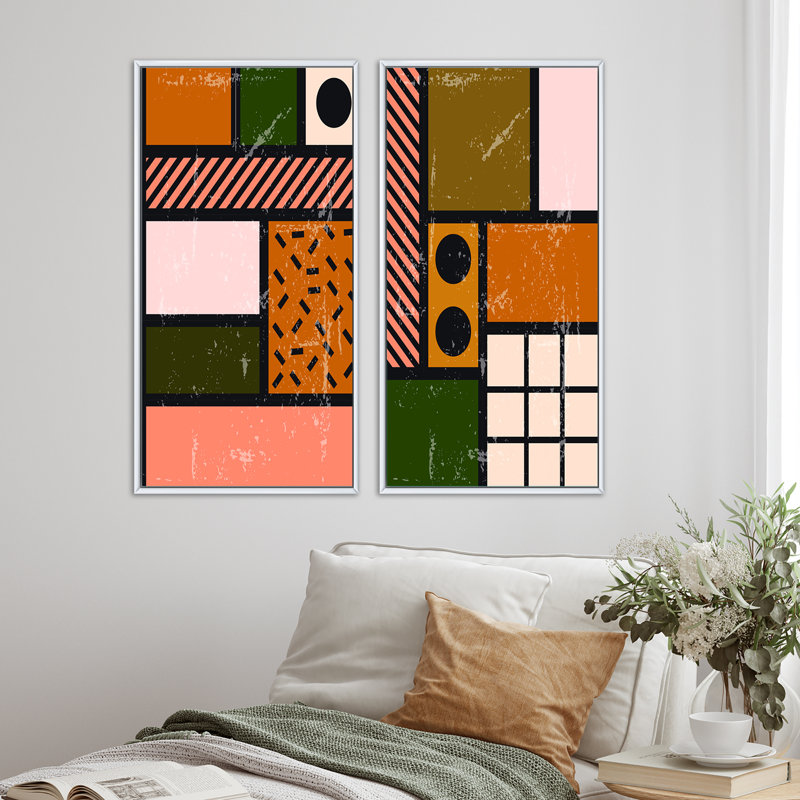 Minimal Abstract Shapes in Retro Colors IV - ensemble de 2 impressions, H 40 po x l 40 po x P 1,5 po, Toile avec cadre blanc