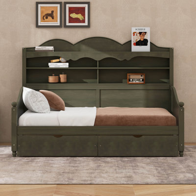Lit de jour simple avec tiroirs de rangement, lit de jour simple en bois avec tablettes de tête de lit à 3 niveaux, lit de jour simple de style rétro