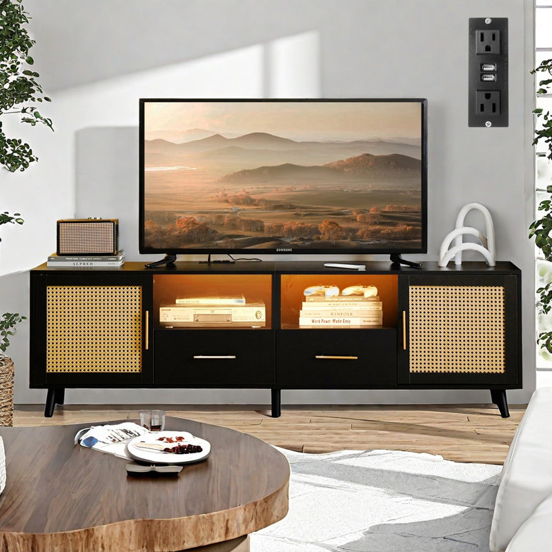 Black Wood and Rattan TV Stand with RGB Lights