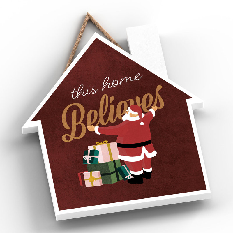 Xmas This Home Believes Santa Wooden House Plaque, 18.5cm H x 16cm W x 0.9cm D