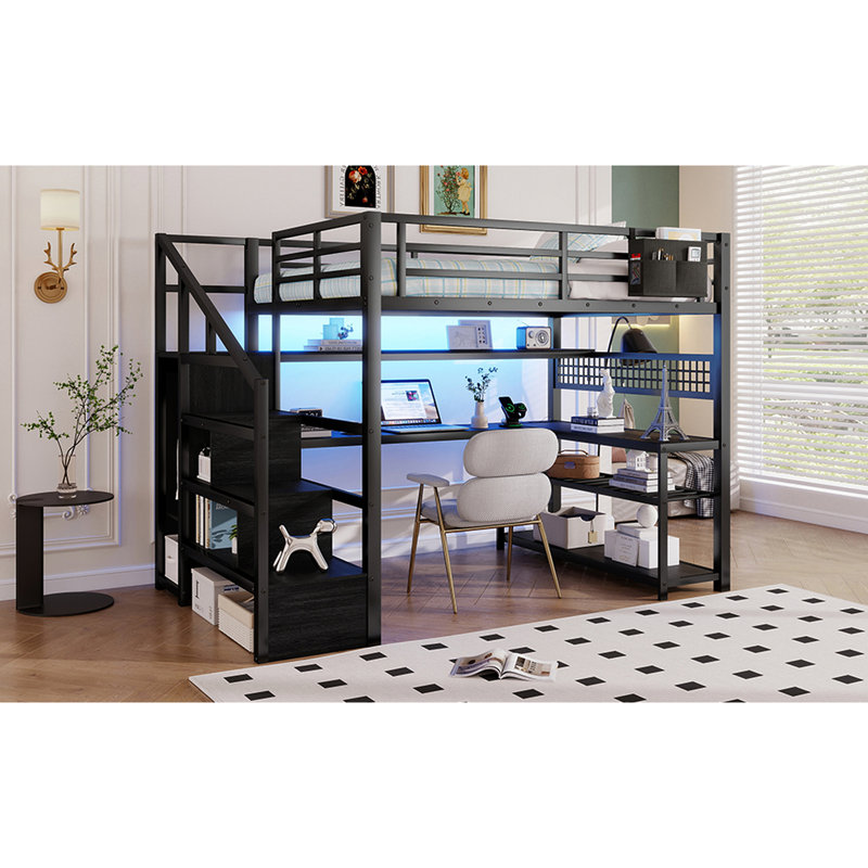 Lit mezzanine double avec escalier gauche ou droit, garde-robe, bureau en L, tablettes de rangement et 16 lumières à DEL de couleur, noir, capacité de 350 lb, choix de lumières intégrées, charge maximale