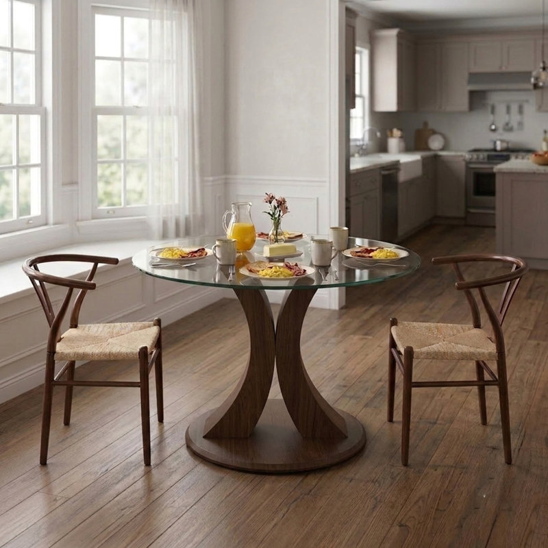 Table de salle à manger ronde moderne 2 en 1 en verre, table de cuisine sur pied central de 99 cm avec base en bois incurvée réglable, table de salle à manger peu encombrante pour 4 personnes, plateau en verre trempé et finition noyer de style milieu du siècle