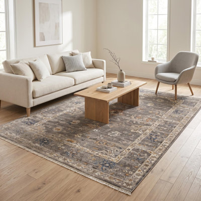 Tapis de sol gris traditionnel oriental tissé à la machine en polyester, motif traditionnel