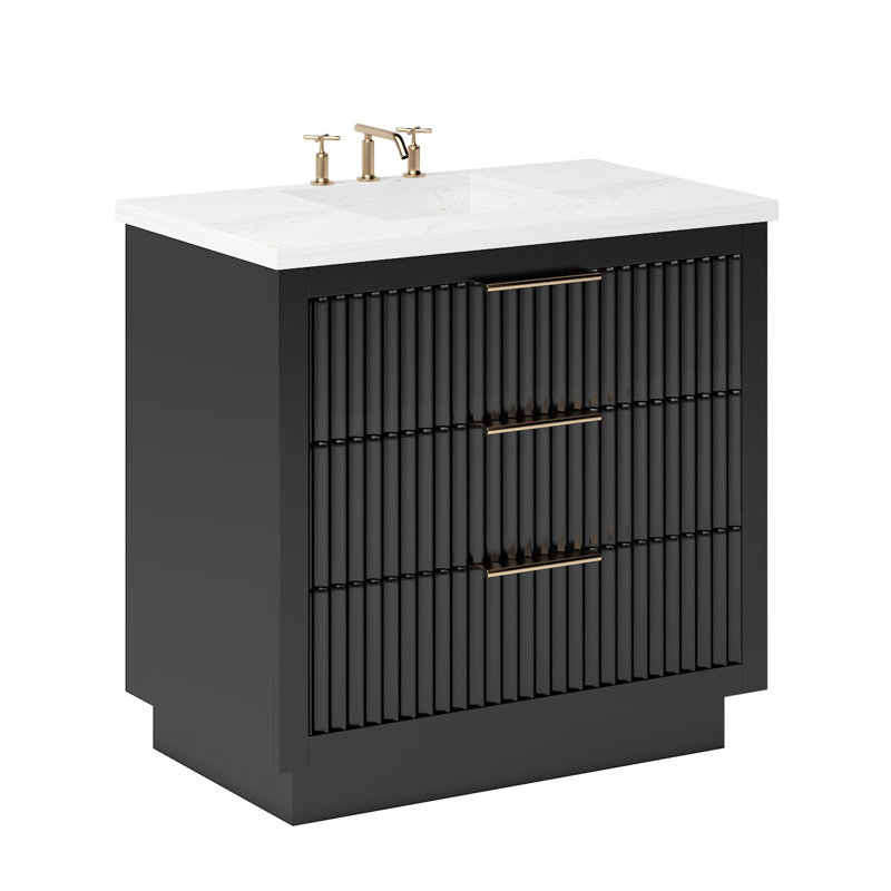 Lecrieú Three-Drawer Single Bath Vanity, Noir, Rose Gold, 36"