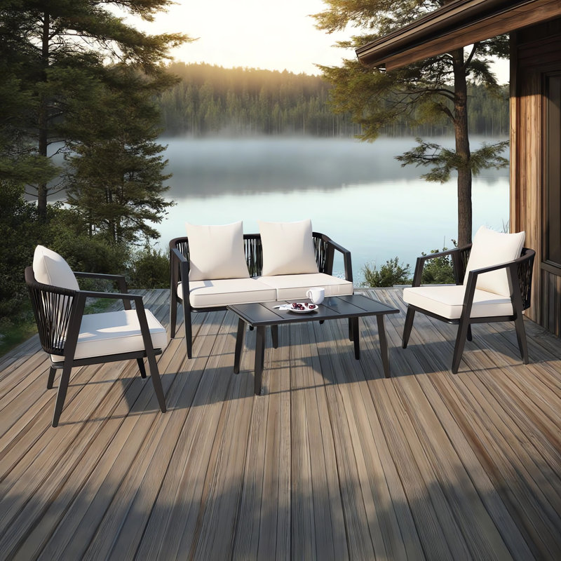 Modern 4-Piece Outdoor Patio Conversation Set With 2 Cushioned Chairs, 1 Loveseat & 1 Coffee Table, Black