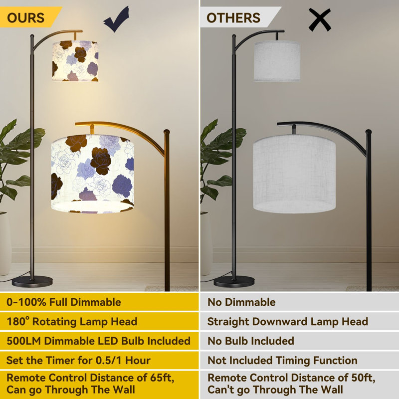 Arc Floor Lamp graphics lines peonies white Floor Lamps with Remote LED Lights Adjustable Lamp Shades Tall Standing Lamps for Reading Office Living Room