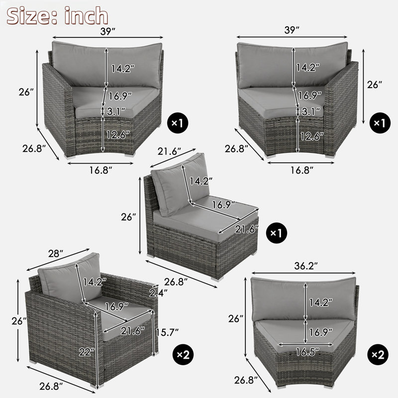 9-piece Outdoor Half-moon Wicker Conversation Sets With 1 Nesting Coffee Table And Tempered Glass Top