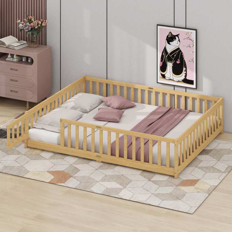Queen Floor Bed With Safety Guardrails, Natural