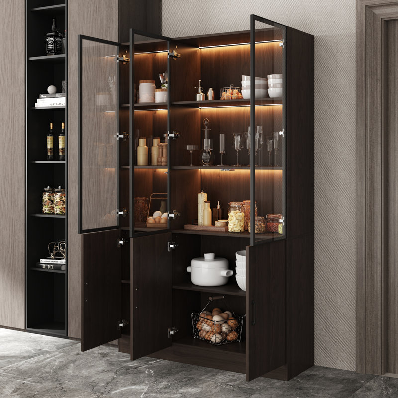 Vitrine contemporaine en grain de bois et verre noir avec éclairage DEL 3 couleurs