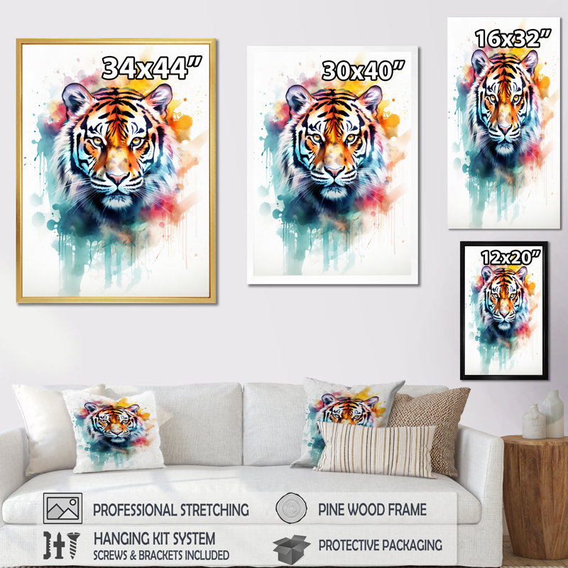 Portrait de tigre, aquarelle sur toile, H 44 po x l 34 po, Cadre flottant noir