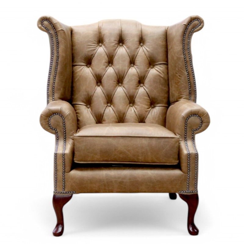 High Back Chesterfield Upholstered Wingback Chair, Cracked Wax Tan