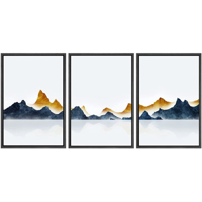 IDEA4WALL Framed Canvas Print Wall Art Set Gold Teal Duotone Mountain Ranges Nature Wilderness Illustrations Modern Art Decorative Nordic Calm/Zen For Living Room, Bedroom, Office - 3 Piece Print on Canvas