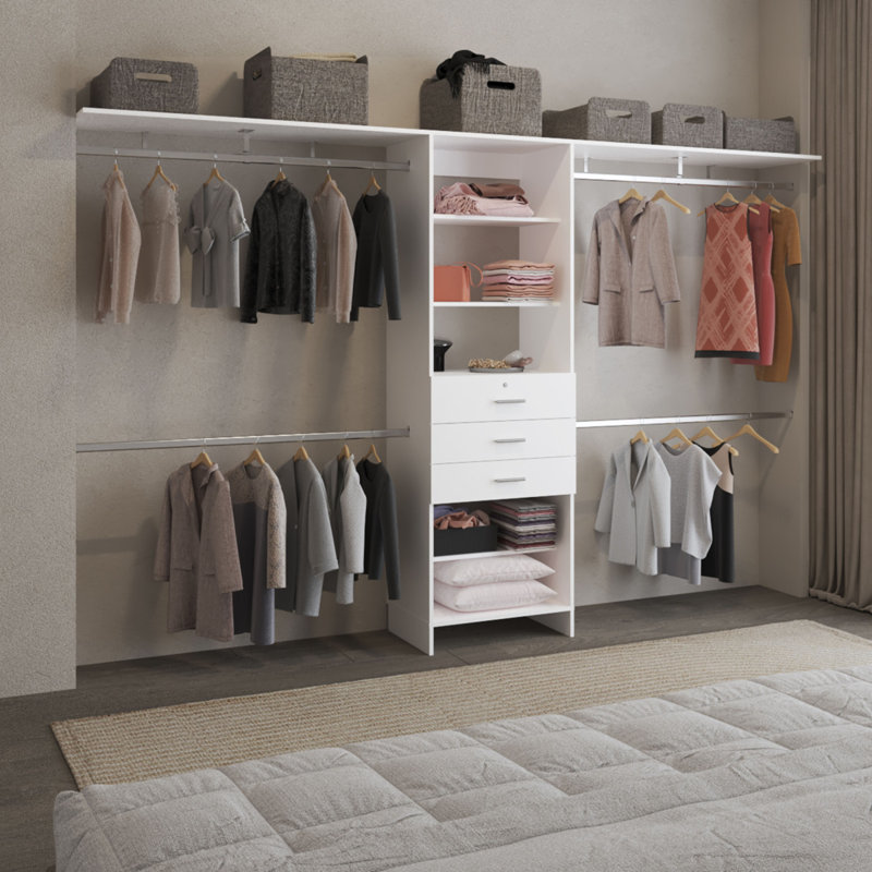 Plego 69"W  118"W Drawers Closet System, Five Shelves, Four Hanging Rods, Three Drawers White, White