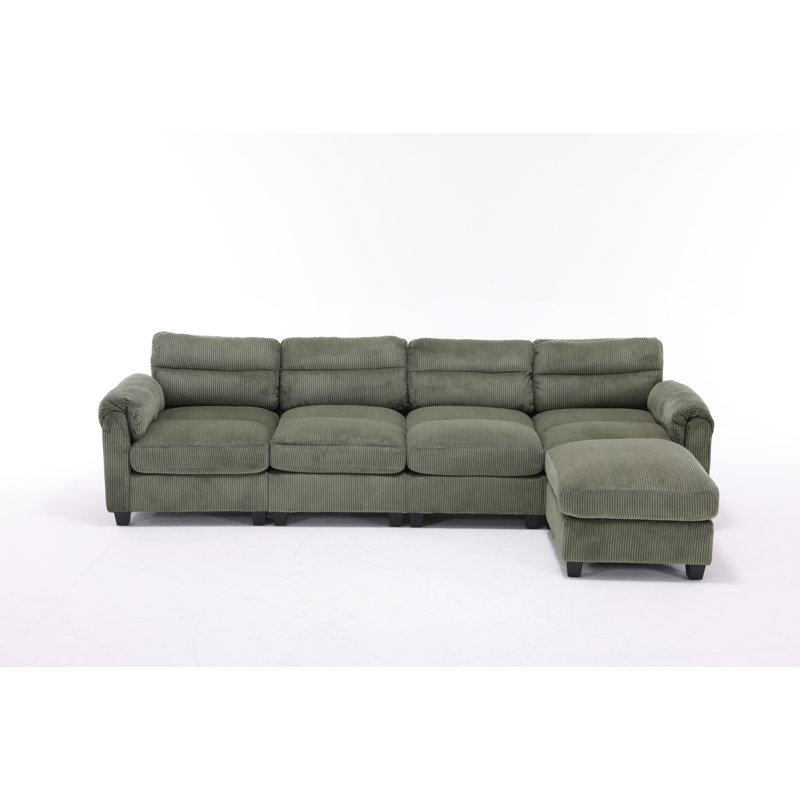 Efaz 5-Piece Corduroy Upholstered Modular Sectional With Ottoman, Pillowtop Arm, Green Corduroy