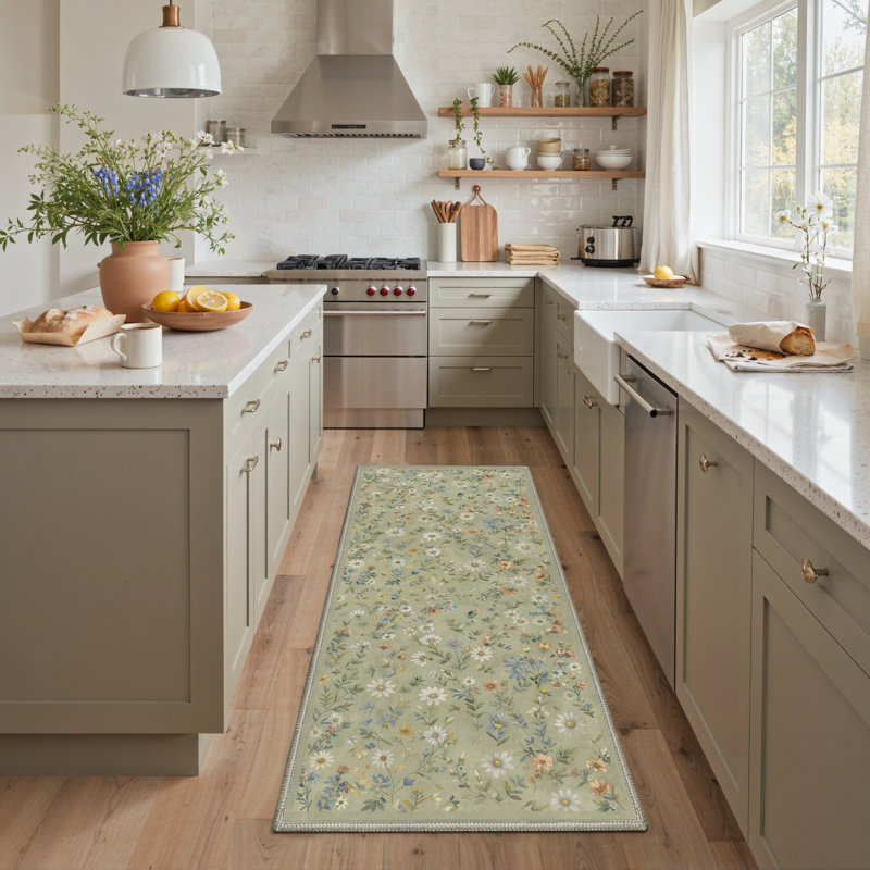 Tapis d'intérieur vert / blanc / bleu lavable à la machine Cogswell Botanica avec envers antidérapant