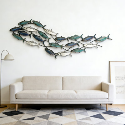 Handcrafted Iron Fish School Wall Decor - Mediterranean Coastal Nautical Focal Point For Living Room & Dining Area
