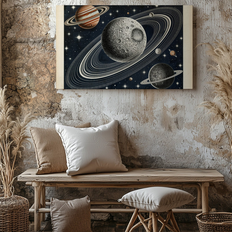 Toile dans un tableau cosmique, une lune cratérisée robuste avec un art mural, la surface texturée domine la scène entourée d'art sur toile complexe