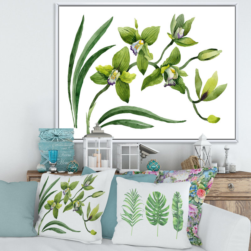 Fleurs d'orchidées vertes - peinture sur toile, Cadre flottant blanc, H 24 po x l 32 po x P 1 po