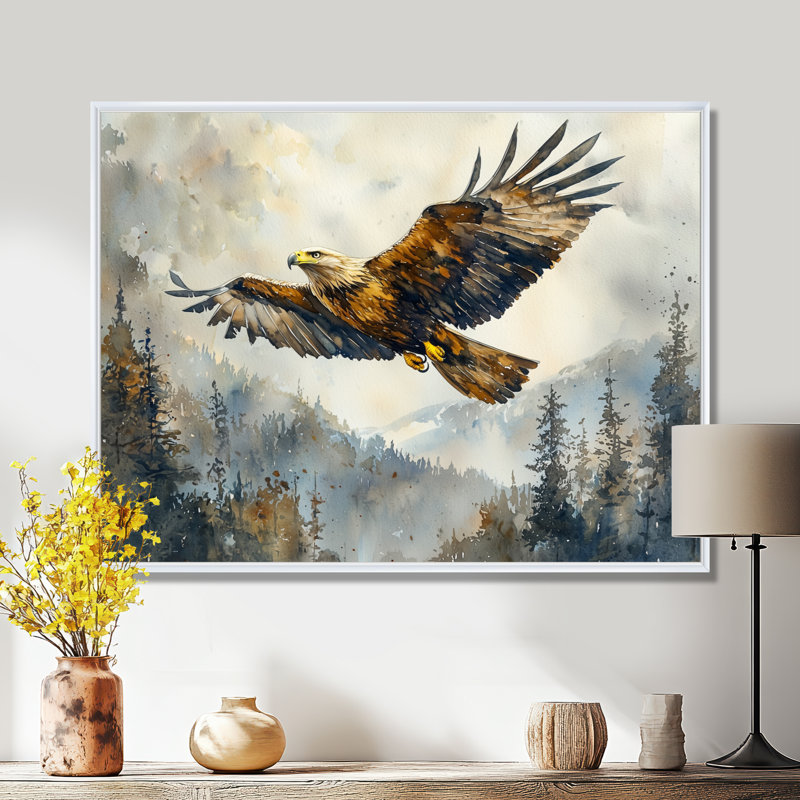 Aigle brun surplombant la vallée - oiseau, art mural, Cadre flottant, H 24 po x l 32 po, Blanc