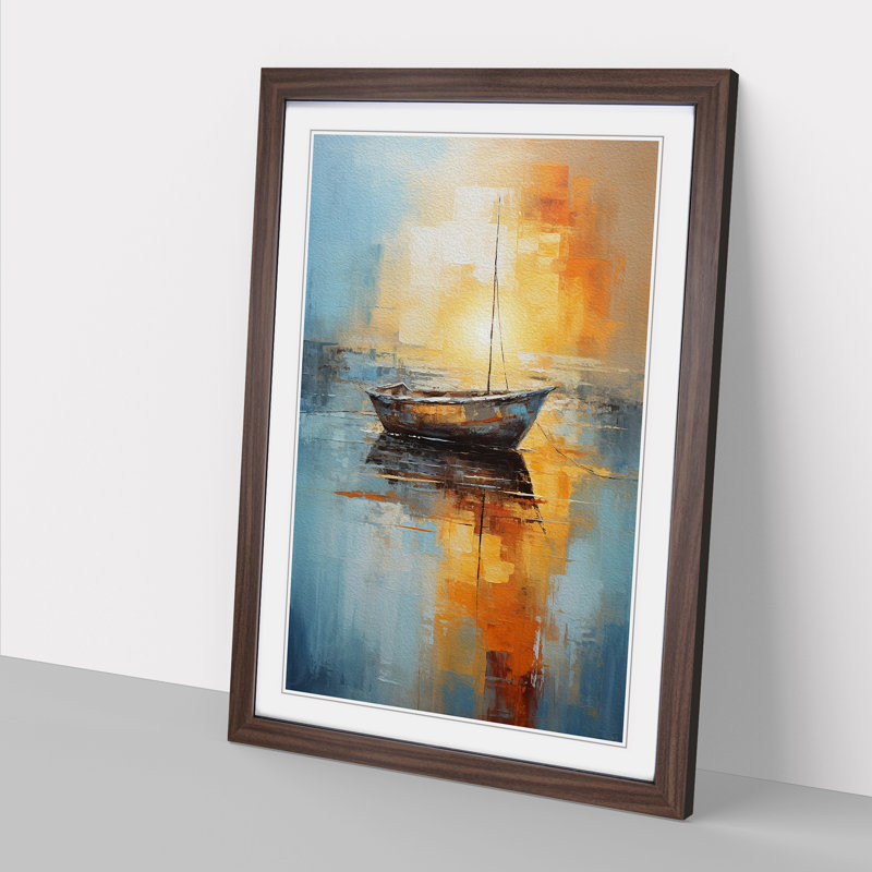 Boat On A Lake Abstract No.2 - Single Picture Frame Print on Wood, Walnut Framed, 64cm H x 46cm W x 2cm D