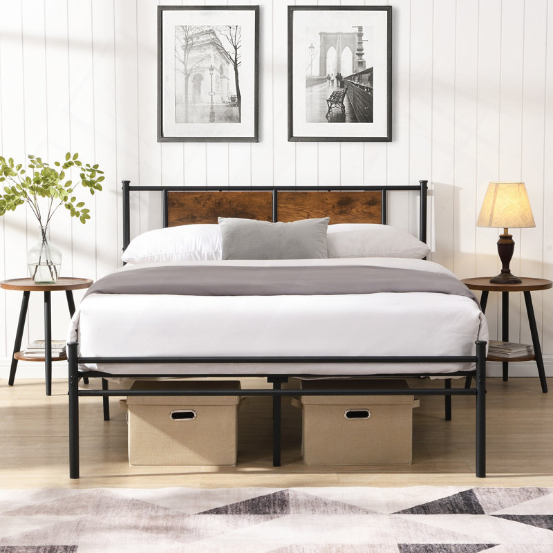 metal bedframe,Headboard with wood panel decoration,black, Full