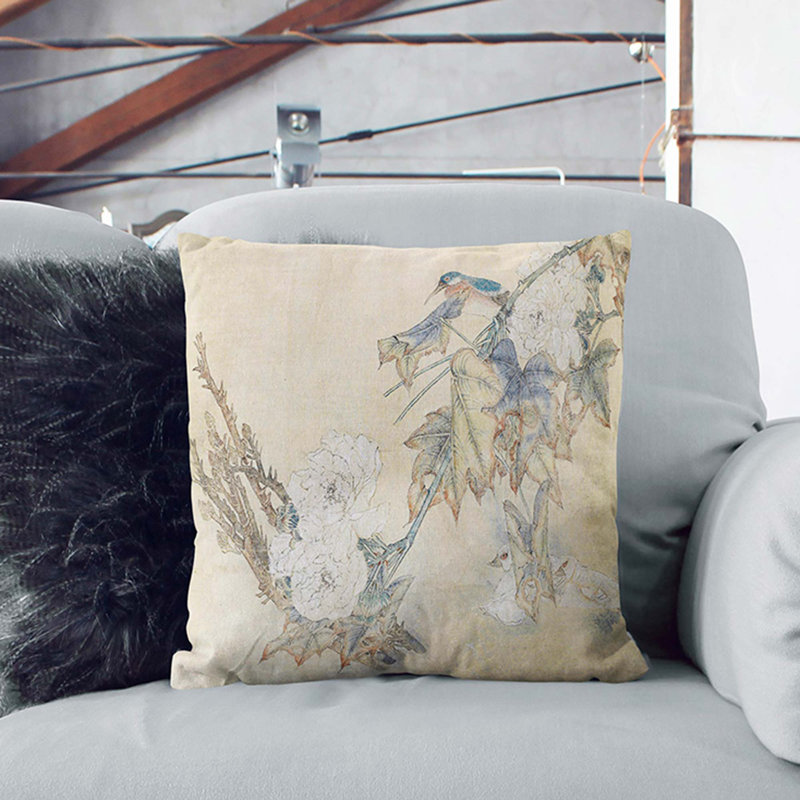 Bird & Peony Flowers Square Throw Cushion, 40 x 40 cm, Black